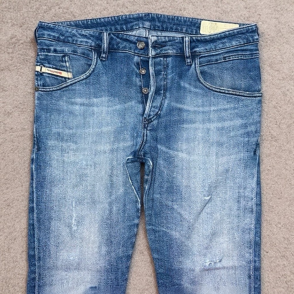 Diesel D-Bazer Jeans Men 33x32 Blue Tapered Leg Stretch Thrashed Repaired‎ 0097Y
